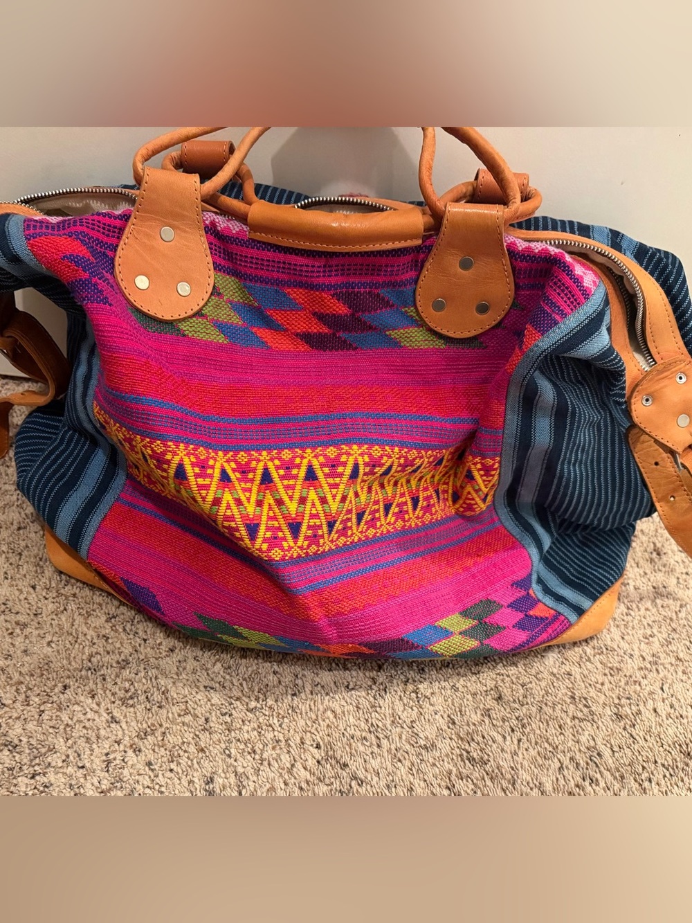Vintage Pink Multi-Color Woven Travel Bag with Tan Leather Trim